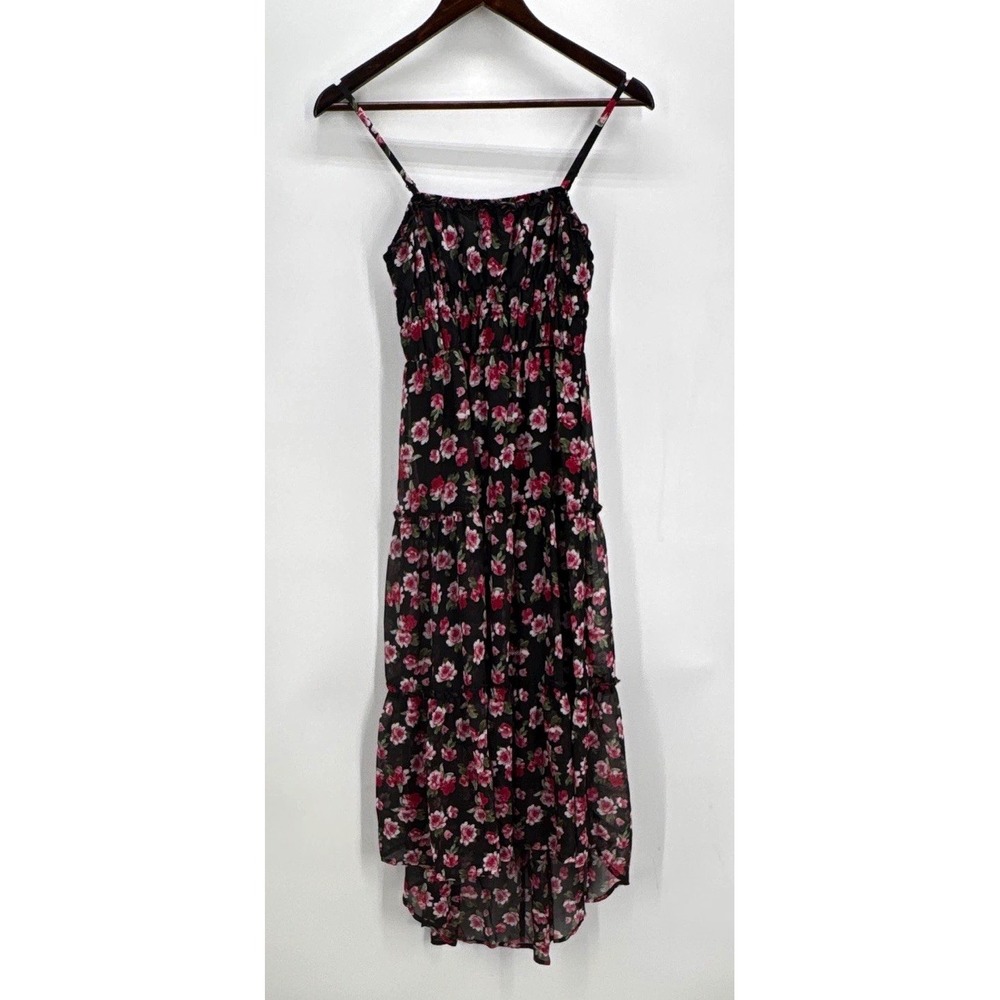 No Boundaries XS Black Soot Floral Square Neck Midi Dress Chiffon Ruffle Lined